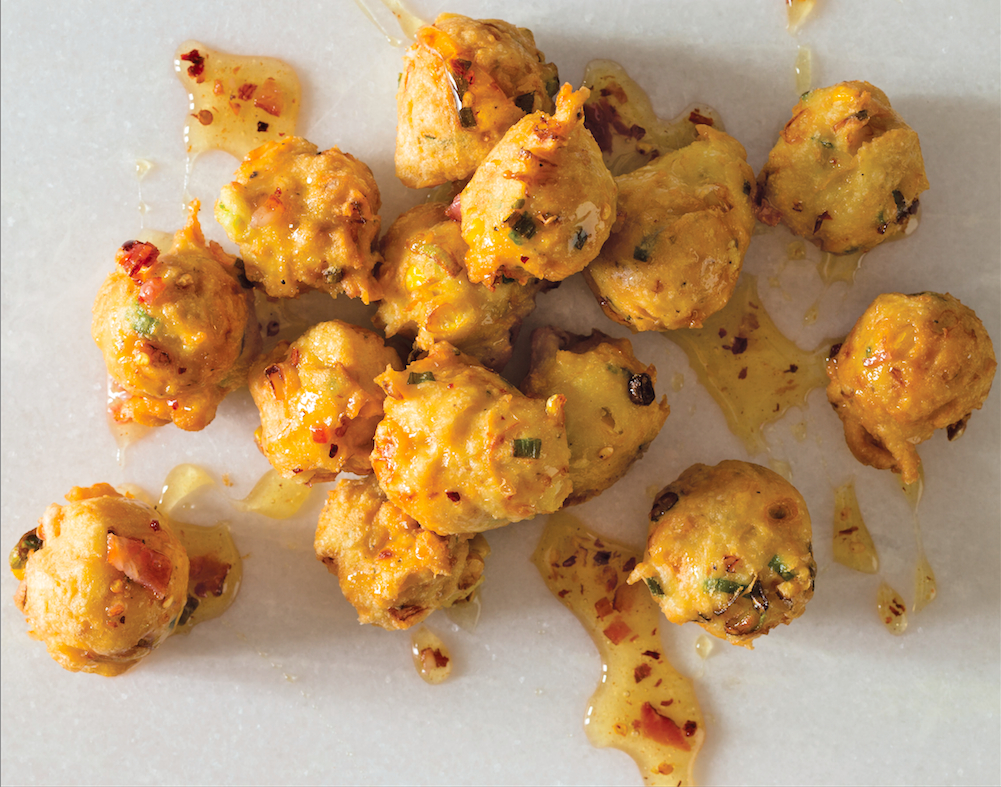 Corn And Green Onion Fritters With BaconHoney Drizzle Recipe Food