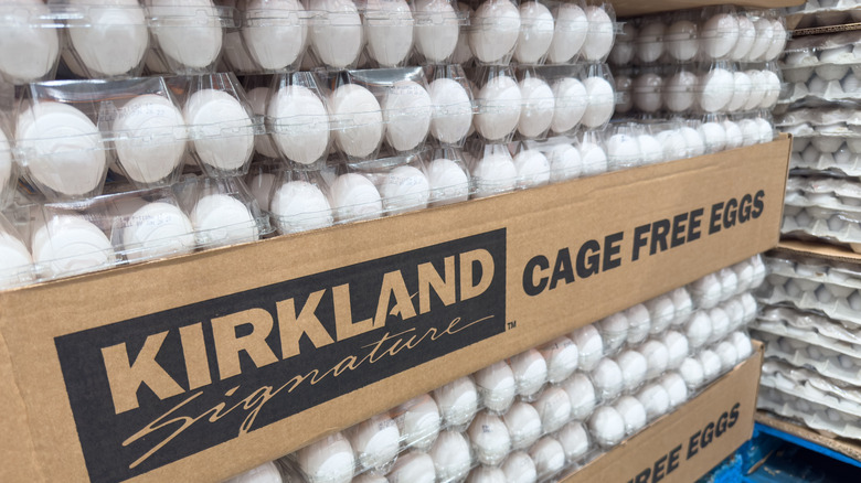 Stacks of Kirkland Signature egg cartons