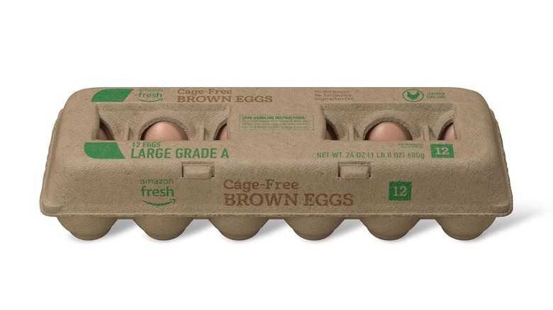 Carton of Amazon Fresh Brown Cage Free eggs