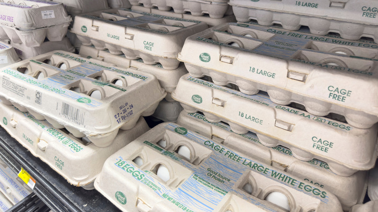 Stacks of Great Value egg cartons