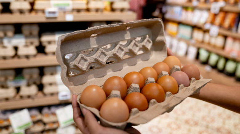 Hands examining egg carton in grocery store