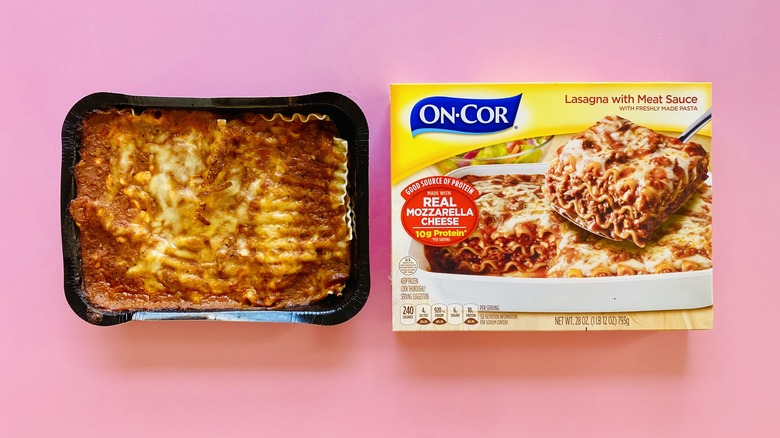 On-Cor frozen lasagna on pink