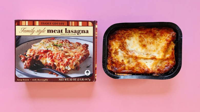 Trader Joe's frozen lasagna on pink