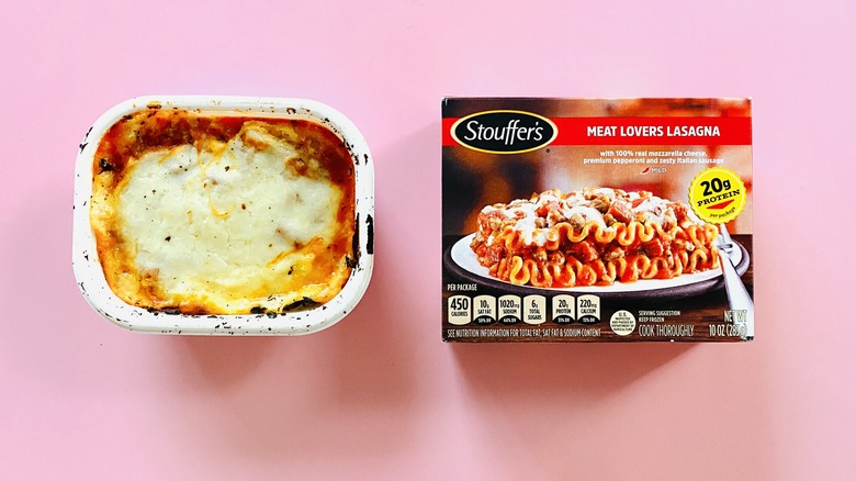 Stouffer's frozen lasagna on pink