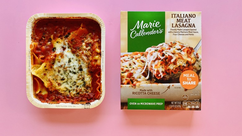 Marie Callender's frozen lasagna on pink