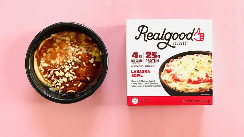 Realgood frozen lasagna bowl on pink