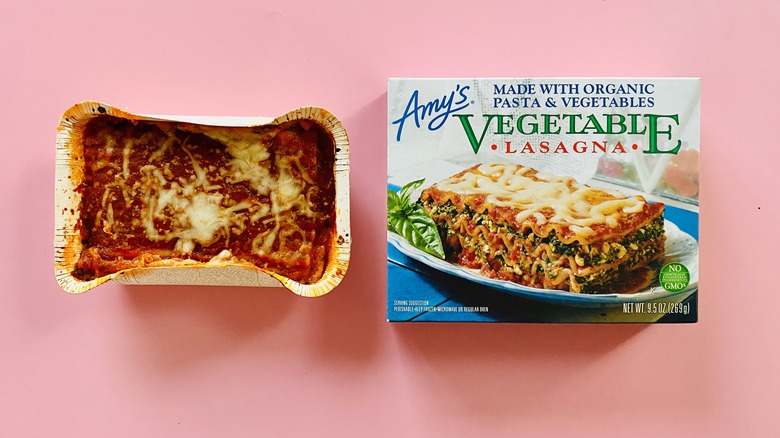 Amy's frozen vegetable lasagna on pink