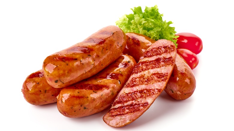 Grilled thuringer sausages on white background