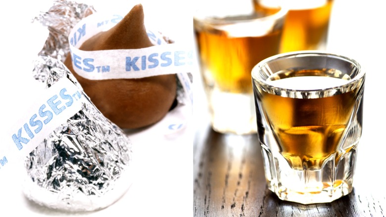 Hershey's Kisses and whiskey shot glasses