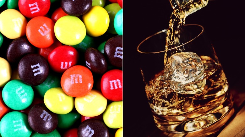 M&Ms candy and bourbon whiskey