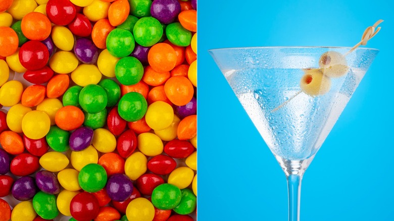 Skittles candy and vodka in martini glass