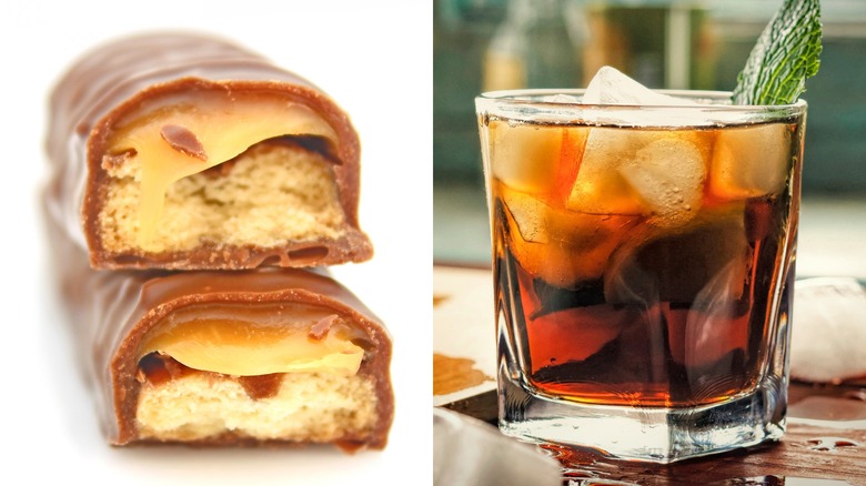 Twix candy bars and spiced rum in a glass