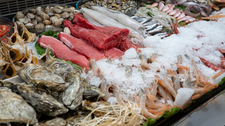 oysters and other seafood in a sales display