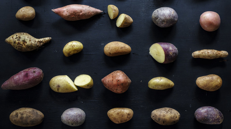 top-down view of many potato varieties on black table