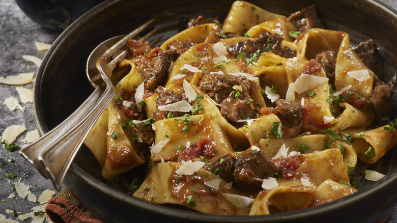 beef ragu and pasta in dish