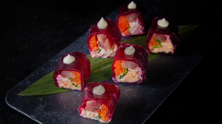 vegan beet sushi on plate