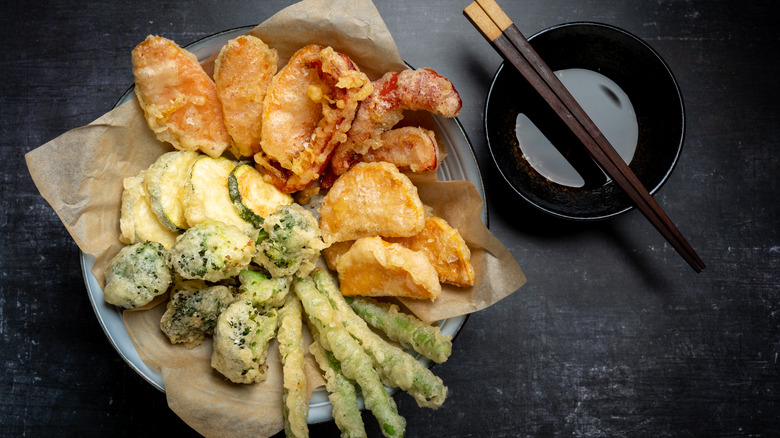 assorted veggie tempura with chopsticks