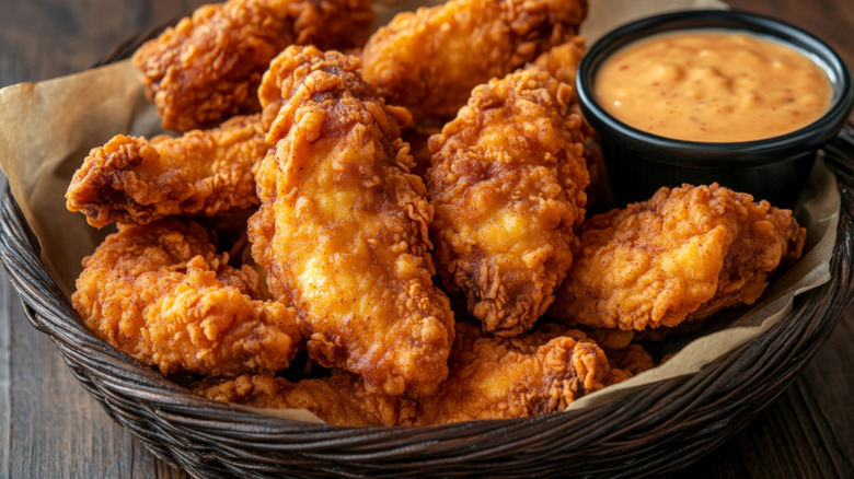 basket of fried chicken with sauce