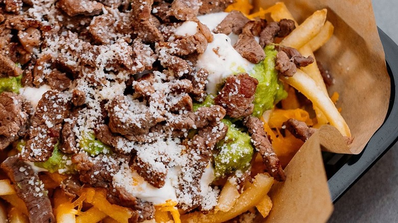 A close up of carne asada fries