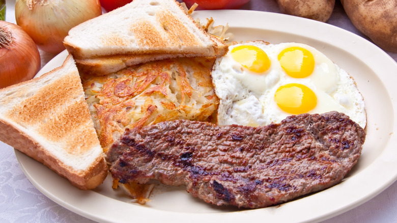 steak and eggs with toast