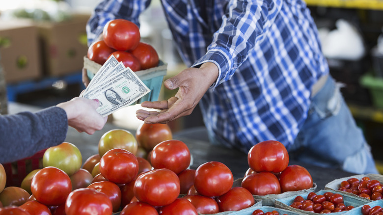 woman paying with cash at the farmer's market