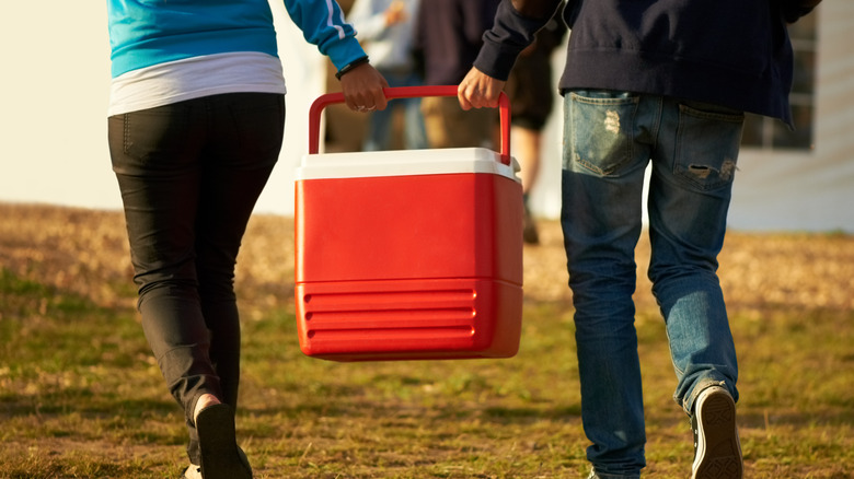 couple carrying cooler