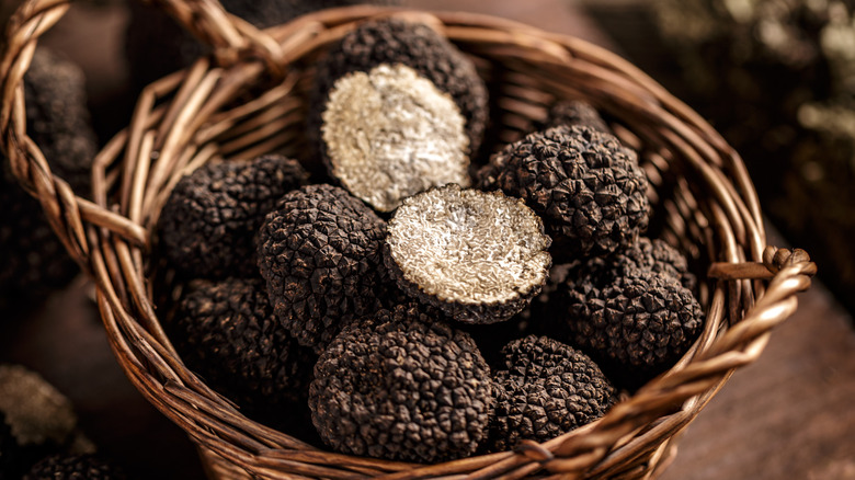 Black truffles in wicker basket