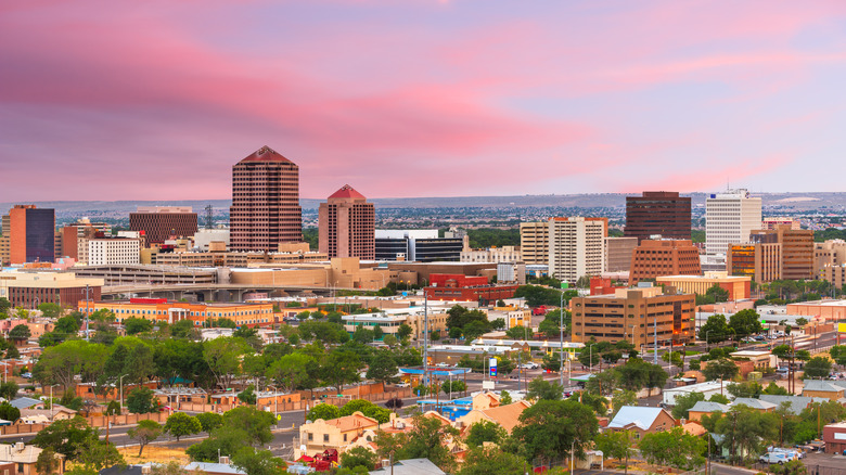 downtown Albuquerque, New Mexico skyline at dusk