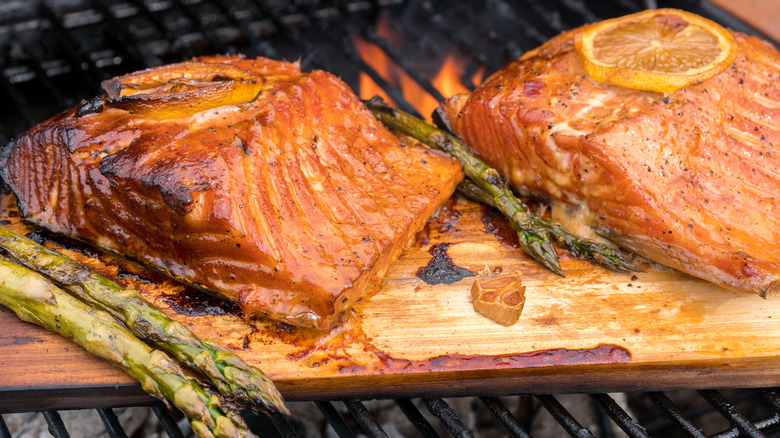 grilled salmon on a cedar plank