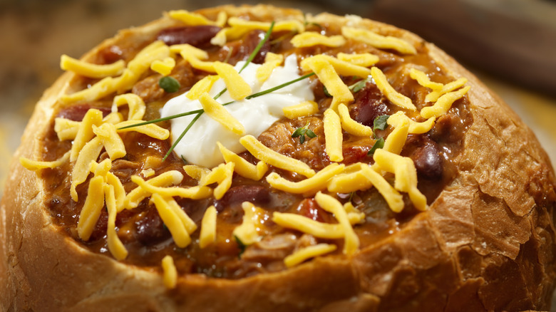 chili in a bread bowl