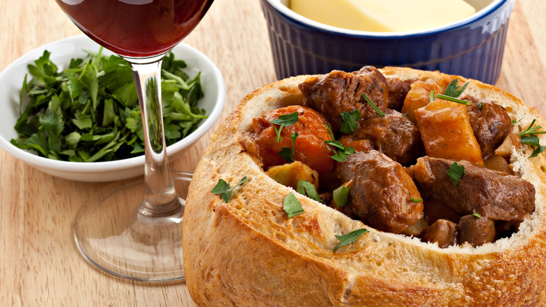 stew in a bread bowl