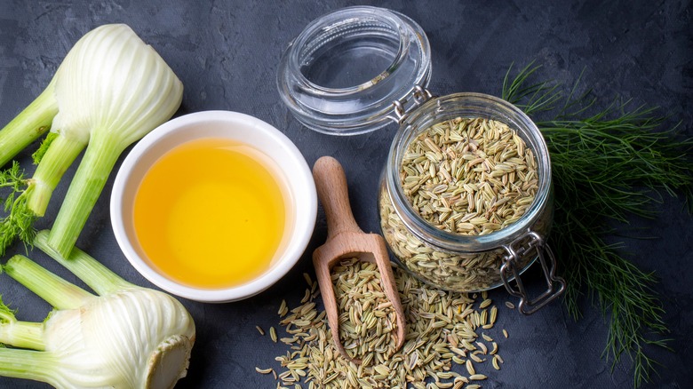 fennel seeds in jar and raw fennel beside bowl of oil
