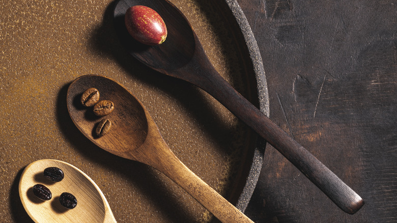 Varying coffee beans roasts on wooden spoons