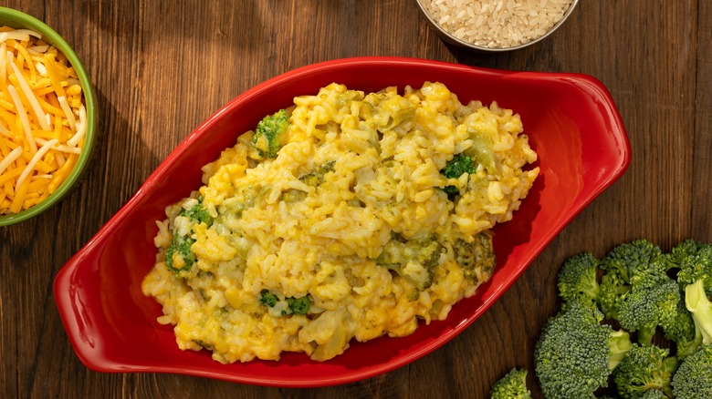 Dish of cheesy broccoli rice