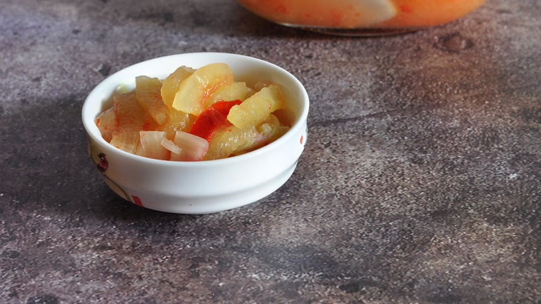 watermelon rind kimchi in white bowl