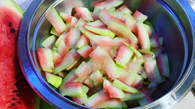 thinly sliced watermelon rind ready for cooking