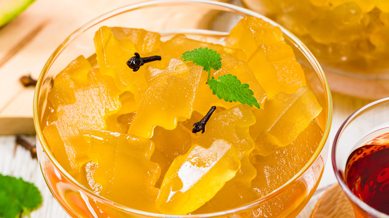 pickled watermelon rind in a glass bowl