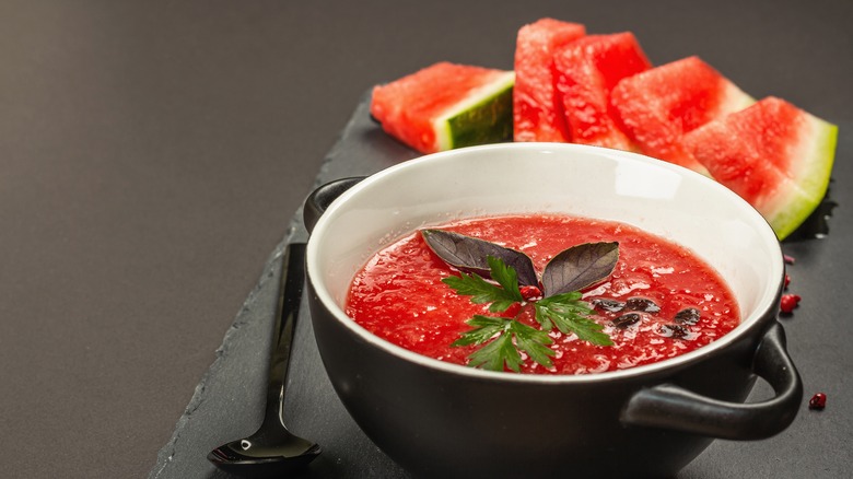 watermelon gazpacho and watermelon slices with rind