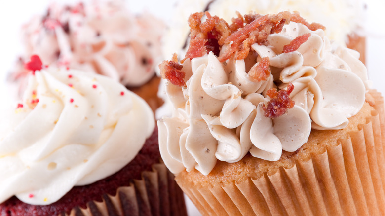 closeup of bacon frosted cupcake