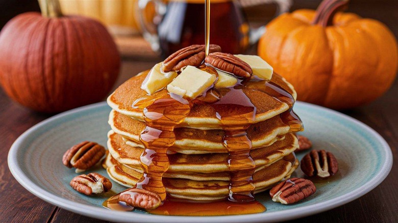 Stack of pumpkin pecan pancakes