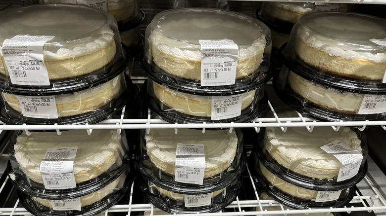 Rack of stacked cheesecakes at Costco