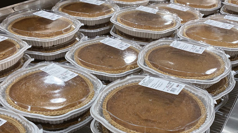 display of stacked Costco pumpkin pies