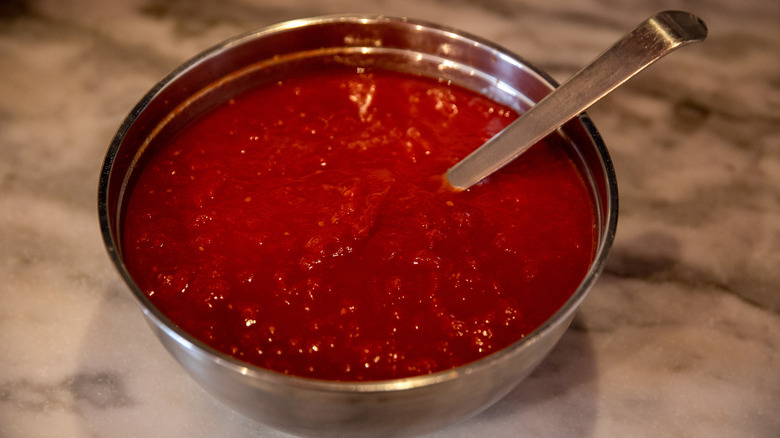 silver bowl of tomato sauce with spoon