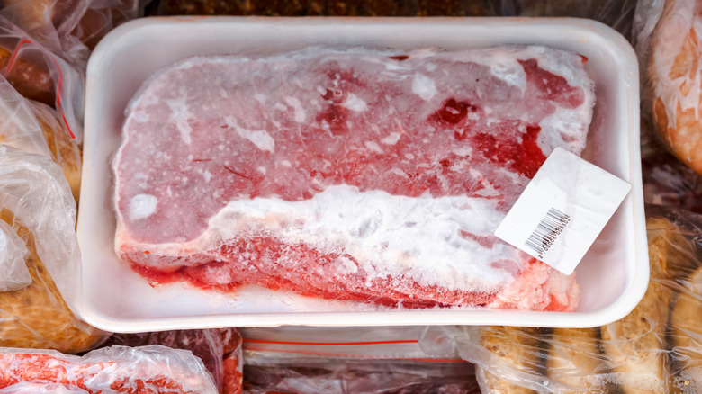 Frozen steak and other meats in sealed containers