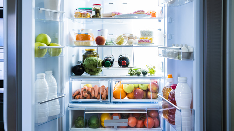 fridge shelves food organized