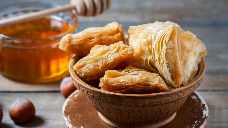 baklava served with honey