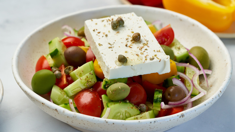 Greek salad with feta block