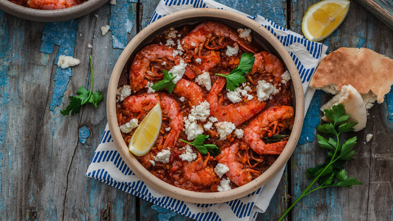 shrimp saganaki in a bowl