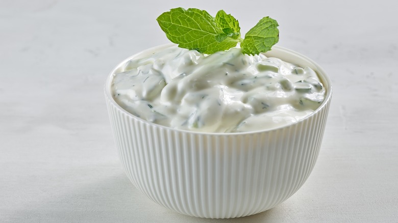 tzatziki in white bowl