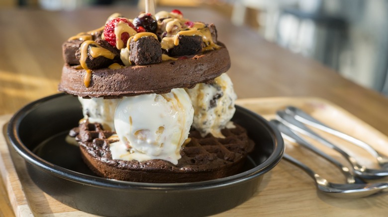 Chocolate waffle with ice cream